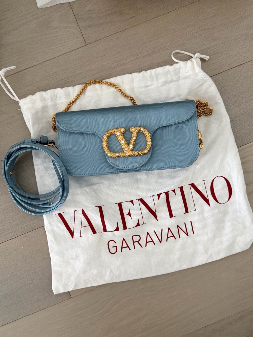 Valentino Garavani Light Blue VLogo Pearl-Embellished Crossbody